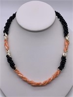 Coral Onyx & Genuine Pearl Necklace
