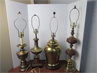 Four Vintage Brass Lamps & Lamp Shades