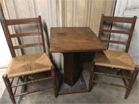 Rustic Table and Two Rush Bottom Farmhouse Chairs