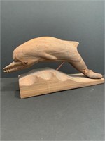 Hand Carved Wood Dolphin on Base