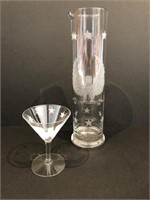 Etched Glass Pitcher and Eagle Glass