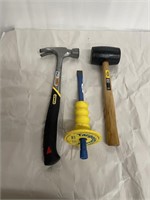 Stanley hammer, chisel, and rubber mallet