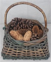 C7) Vintage Woven Basket Filled With Pinecones