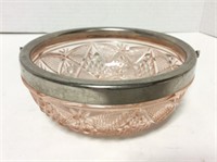Pink depression glass bowl with silver plate rim
