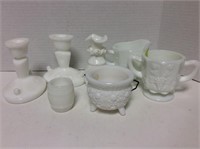 Collection of milk glass candholders, vase, dish