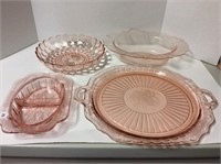 Pink depression glass serving dishes and tray