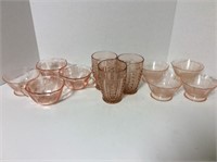Pink depression glass dessert bowls, glasses,