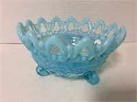 Blue opalescent glass footed bowl