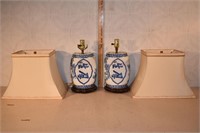 2 Chinese blue & white porcelain lamps on wooden b