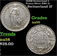 1940B Switzerland 2 Francs Silver KM# 21 Grades Ch