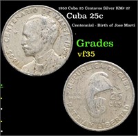 1953 Cuba 25 Centavos Silver KM# 27 Grades vf++