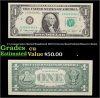 2 x Consecutive Serial Numbered 1974 $1 Green Seal