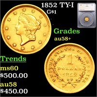 1852 Gold Dollar TY-I $1 Graded au58+ BY SEGS
