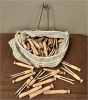 Vintage Clothes Pins & Bag With Metal Hanger