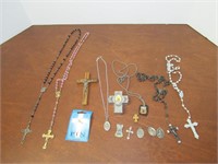 Lot of Christian Rosaries, Pendants, Pin, Metal Bx