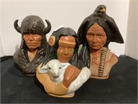 Three ceramic pieces of Native Americans. Each