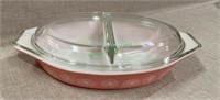 Vintage Pyrex pink daisy divided baking dish and