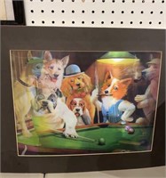 Three dimensional dogs playing pool on poster