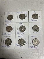 9 assorted dates quarters silver dollar