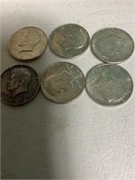 6 1964 Kennedy silver half dollars