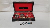MENS JEWELERY BOX FULL OF POCKET WATCHES RINGS +