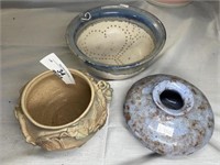 3pcs Handcrafted Pottery Vase Colander ,Grape Bowl
