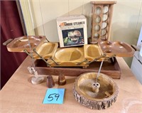 Vintage Wood Decor Lot with Tray, Shakers, & More