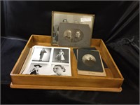 VINTAGE PHOTOS  IN WOOD TRAY