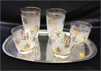 MCM LIBBEY GOLD LEAF FROSTED GLASSES / TRAY