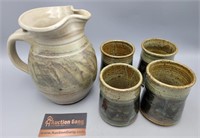 Stoneware Pitcher & 4 Cups