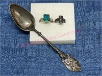 Old Sterling spoon & 2 small rings (0.63 ozt)