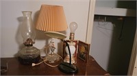 OIL LAMP, 2 SMALL LAMPS, MAGNIFYING GLASS