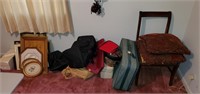 MISC LOT - LUGGAGE, PICTURES, CHAIR, PILLOWS -