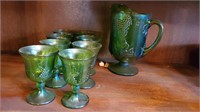 GREEN CARNIVAL GLASS PITCHDEDR & 8 GLASSES