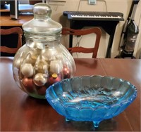 LARGE GLASS CANISTER & BLUE GLASS BOWL