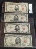 4 - RED SEAL $5 NOTES: 2 -1953 & 2 -1963