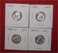 (4) Unc. Mercury Dimes 1940, 1941, 1943S & 1944S