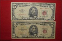 (2) $5 U.S. Notes  Red Seals  Granahan / Dillon