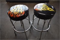 Two Chrome Stools With Flaming Seats