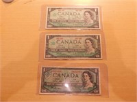 Monnaie Canada3x1$ papier série 1954 2x 1967