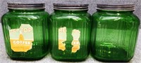 (3) Vintage Hoosier Dark Green Glass Coffee Jars