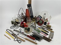 Thermometer, old utensils, Ornate metal lamp