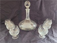 Squat decanter with etched 4 mast Schooner and 6