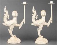 Painted Bronze Kinnara or Harpy Candlesticks, Pair