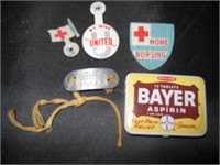 Vtg Red Cross Pins, Bayer Aspirin, Hospital Tag