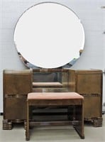 Antique Vanity w Round Mirror & Bench
