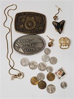 Belt Buckles, Costume Jewelry And Mixed Coins