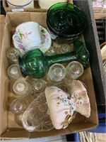 glass salt and pepper shakers and green vases