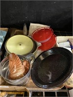 kitchen enamelware plates and pot