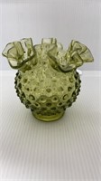 Vintage Green Fenton Hobnail Ruffled Brim Vase/Bow